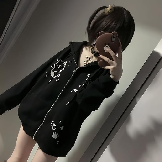 Womens Y2K Zip Up Cute Graphic Hoodies Cat Ears Casual Cartoon Harajuku Kawaii - Image 4