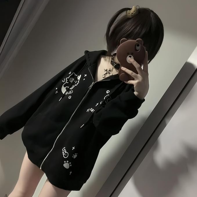 Womens Y2K Zip Up Cute Graphic Hoodies Cat Ears Casual Cartoon Harajuku Kawaii - Image 4