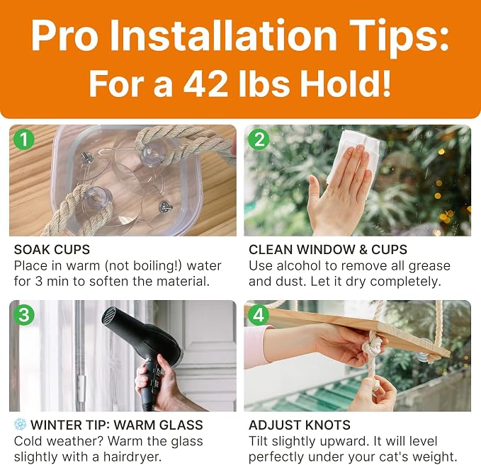 Large Cat Window Perch with Industrial-Grade Suction Cups – Solid Pine Wood - Image 3