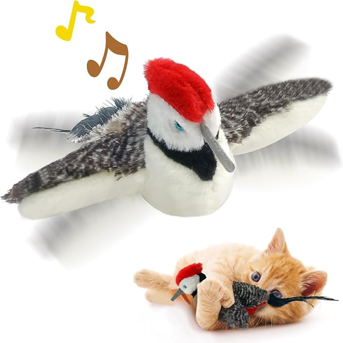 Cat Toys, Flapping Wings Woodpecker, No Flying, Chirping Bird Interactive by KreizyGo