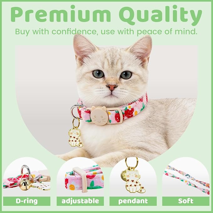 Spring Cat Collar-2 Pack Collars Strawberry and Flower Print Breakaway - Image 3