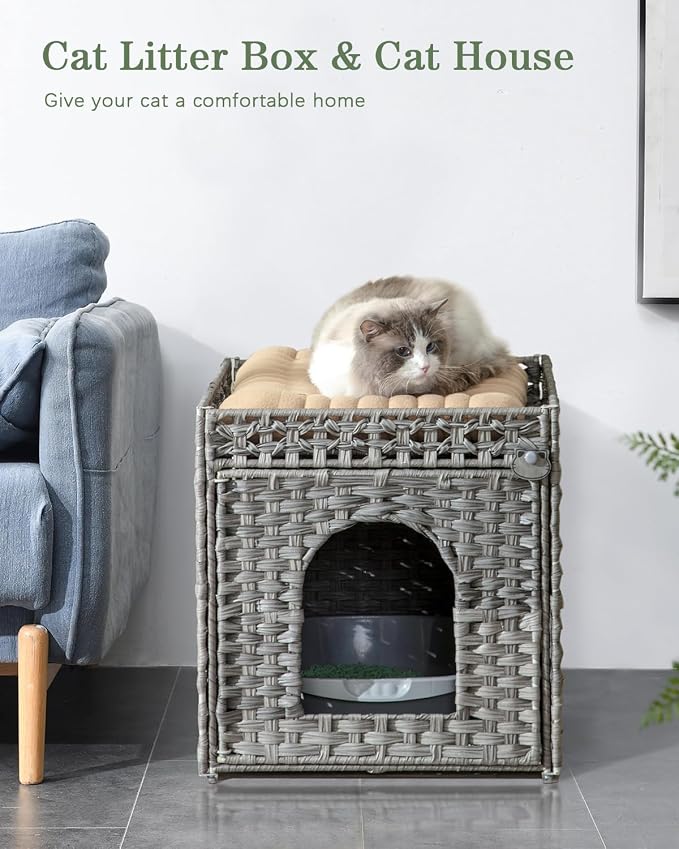 Cat Litter Enclosure with Hidden Litter Mat and Rattan Cat House, Supports Two - Image 2