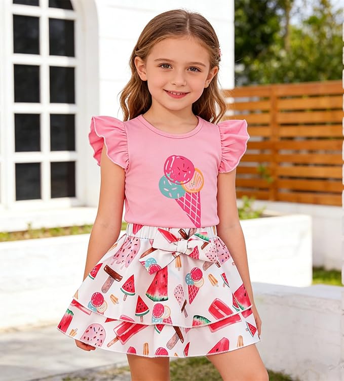 Girls Skirt Set 2 Piece Outfit Toddler Summer Clothes Ruffle Sleeve T-Shirt Bow - Image 2