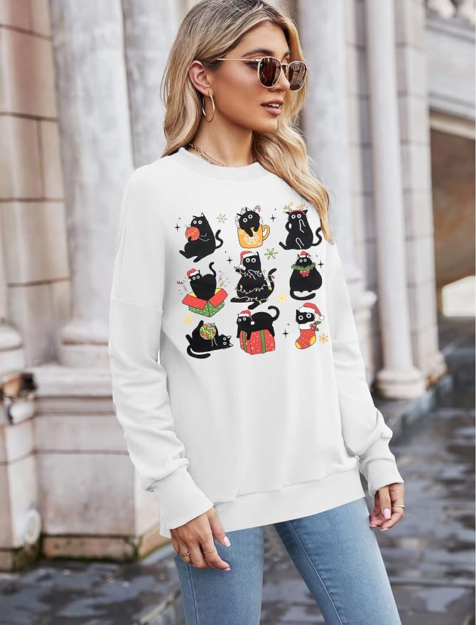 FRYAID Cat Sweatshirt Women Funny Black Cat Graphic Sweater Casual Cat Crewneck - Image 3