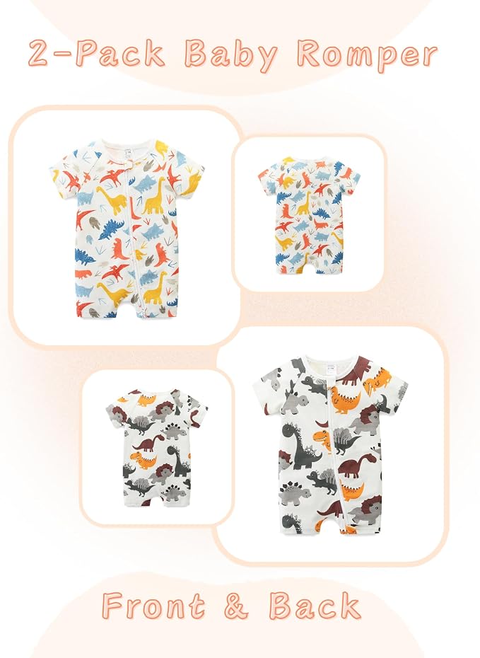 Unisex Summer Trendy 2-Pack Rompers Short Sleeve Zipped Bodysuit Infant Cotton - Image 2