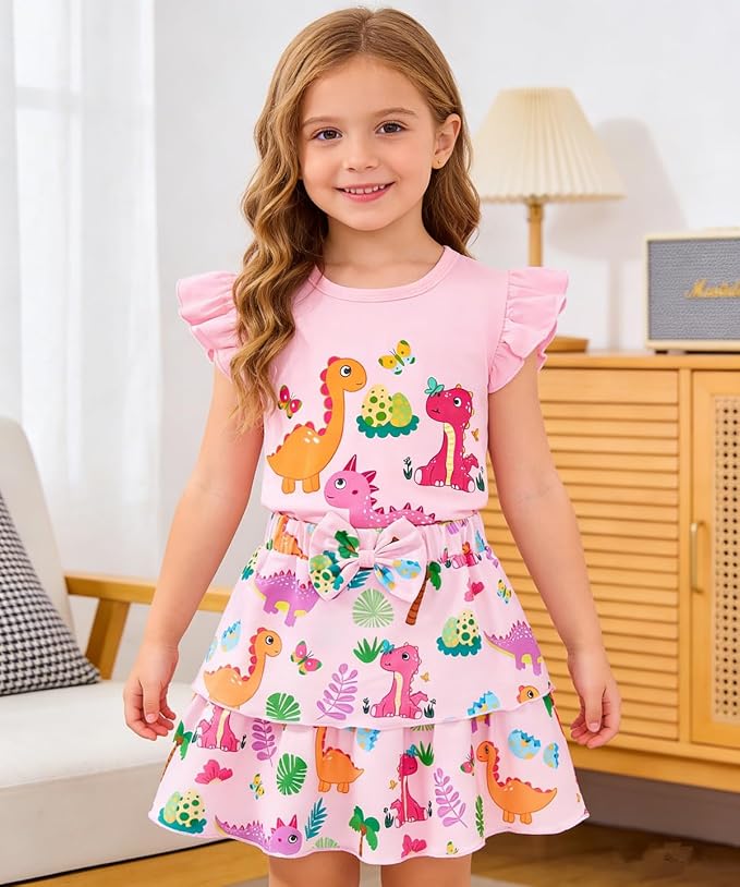 Girls Skirt Set 2 Piece Outfit Toddler Summer Clothes Ruffle Sleeve T-Shirt Bow - Image 3