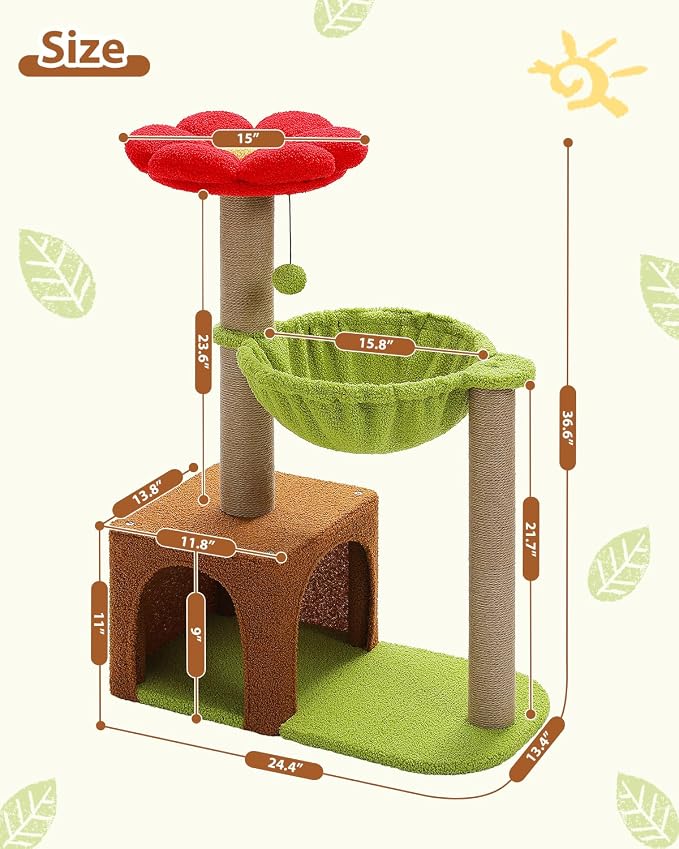 Flower Cat Tree with Sisal Scratching Posts, Cat Condo with Removable Flower Bed - Image 8