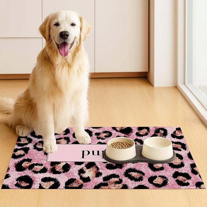 Puppy Feeding Mat 24x16 inch Pink Leopard Print Pet Bowl Placemat Non Slip - Image 3
