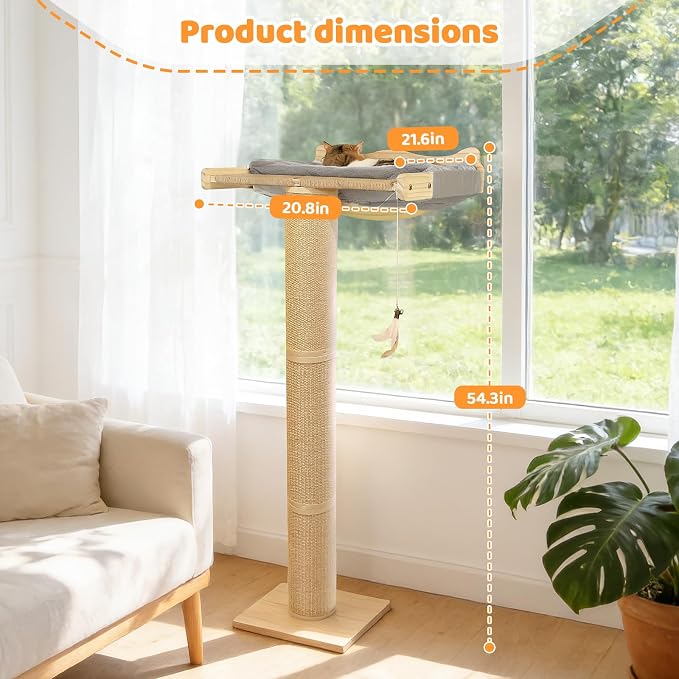 54.3" Cat Window Perch with 3 Adjustable Roman Column Sisal Posts, Drill-Free - Image 3