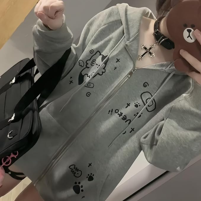 Womens Y2K Zip Up Cute Graphic Hoodies Cat Ears Casual Cartoon Harajuku Kawaii - Image 5