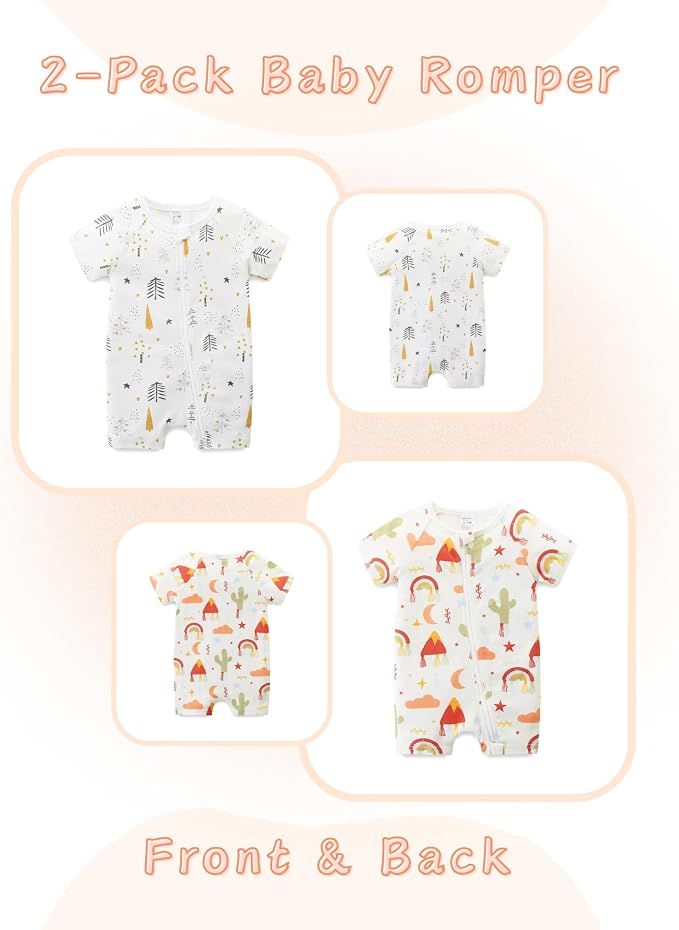 Unisex Summer Trendy 2-Pack Rompers Short Sleeve Zipped Bodysuit Infant Cotton - Image 2