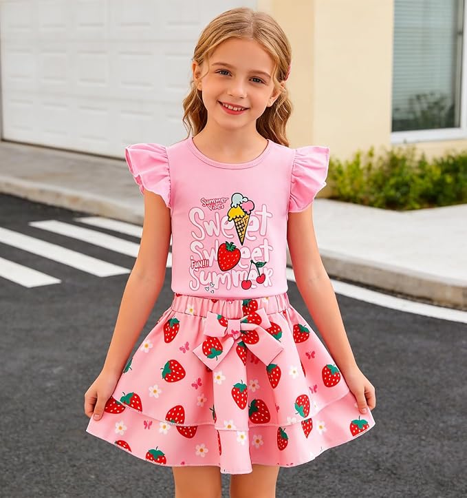 Girls Skirt Set 2 Piece Outfit Toddler Summer Clothes Ruffle Sleeve T-Shirt Bow - Image 3