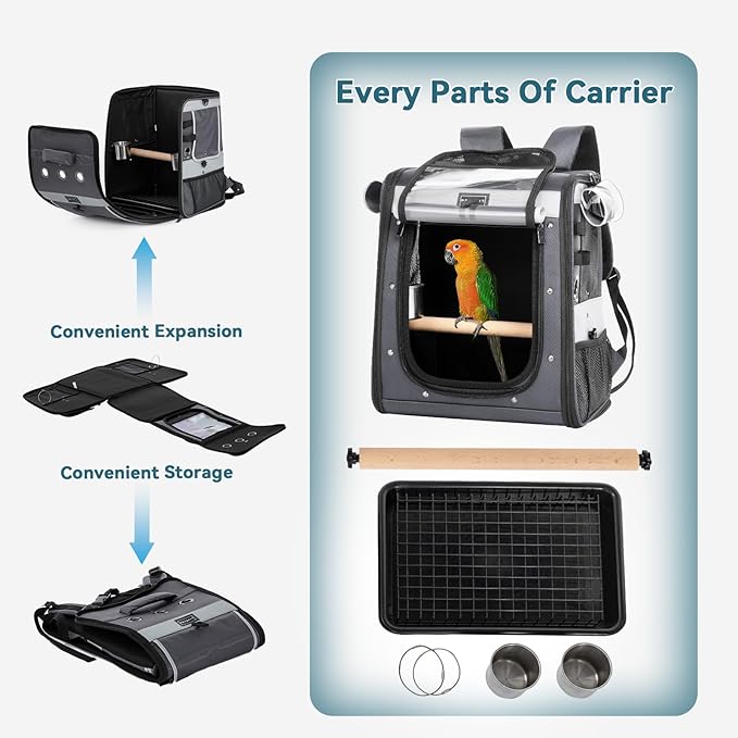 Bird Carrier with Shade Cover, Adjustable Height Standing Perch, 2 Feeder Bowls - Image 3