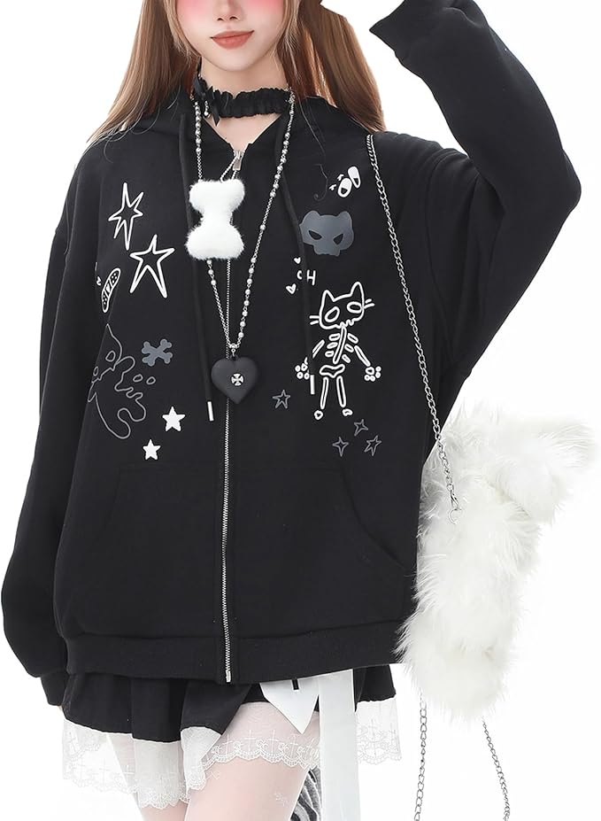 Womens Y2K Zip Up Cute Graphic Hoodies Cat Ears Casual Cartoon Harajuku Kawaii by WelcometoDynict
