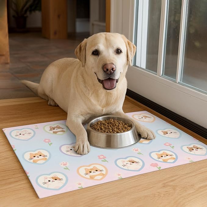 Cat Feedings Mats 20x12 inch Pastel Heart Kitten Print Pet Bowl Placemat Non - Image 4