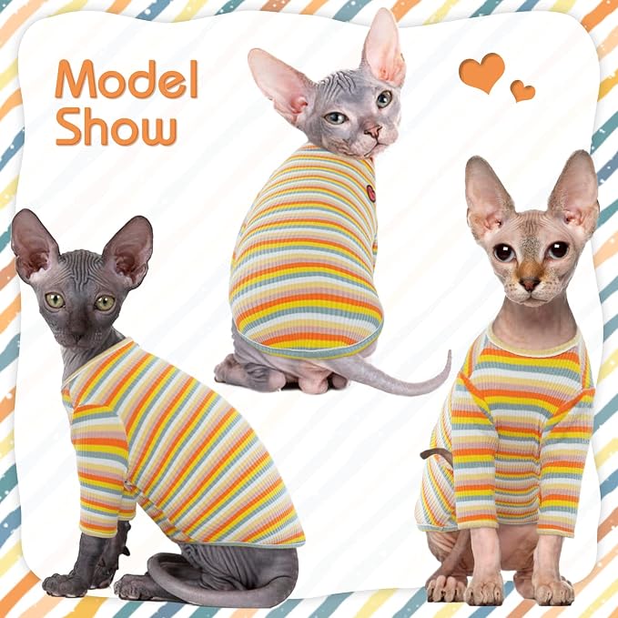 DENTRUN Hairless Cats Shirt Breathable Cat Daily Wear Clothes Stripe Vest - Image 3