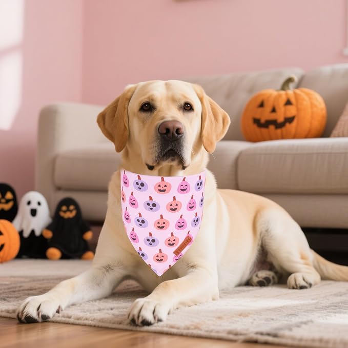ADOGGYGO Pink Halloween Dog Bandanas 2 Pack, Reversible Ghost Pumpkin Scarf Bib - Image 2