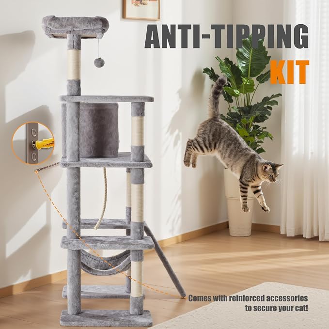 Large Cat Tree 63 Inch, Sisal Scratching Posts Board and Hammock, Pet Play House - Image 6