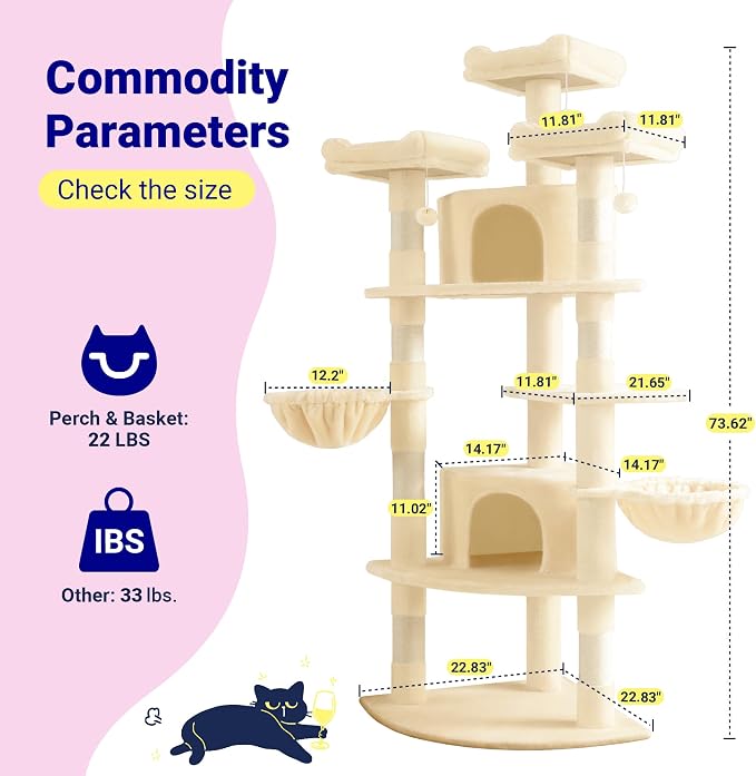 Allewie 73in Fan-Shaped Space-Saving Corner Cat Tower/Multi-Level Tall Cat Tree - Image 7