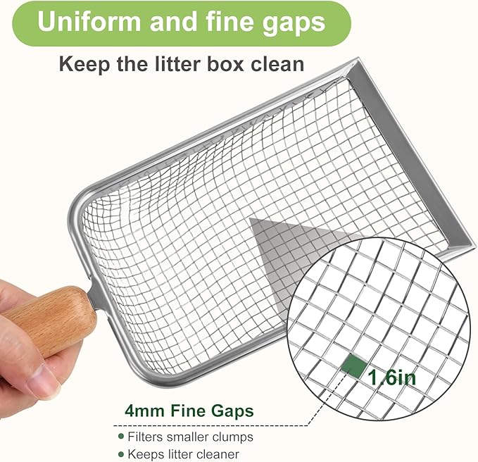 XBX Cat Litter Scoop with Holder – Metal Mesh Litter Scooper, Wooden Handle - Image 4