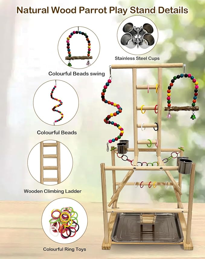 Bird Play Stand, Large Parakeet Playground, Natural Wood Parrot Perch Stand - Image 4