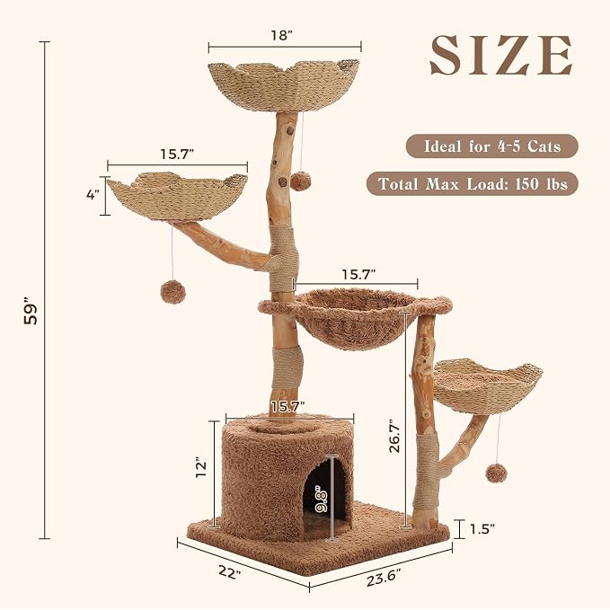 59" Cat Tree Tower with Real Solid Wood Natural Branch, Modern Cat Tree - Image 3