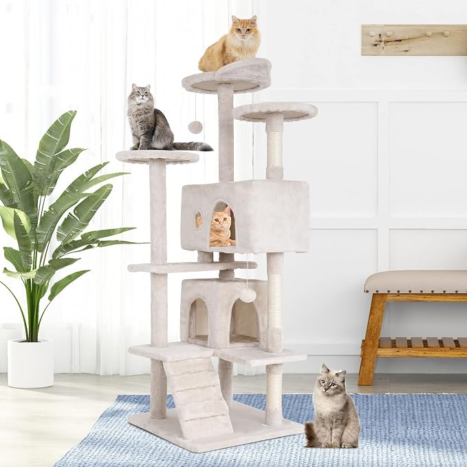 BestPet | 54" Cat Tree Tower | Beige | Sturdy, Hanging Cat Toys, Observation - Image 2