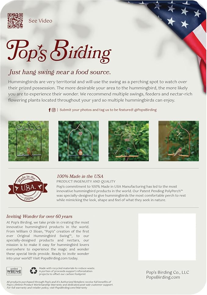 Pop's Birding Hummingbird Swing, USA Made Original Charm Humming Bird Swing - Image 7