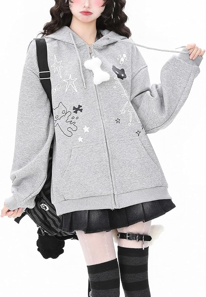 Womens Y2K Zip Up Cute Graphic Hoodies Cat Ears Casual Cartoon Harajuku Kawaii - Image 5