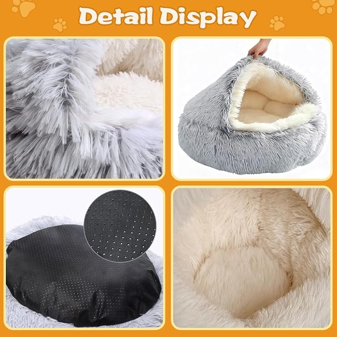 ShinHye Round Plush Fluffy Hooded Cat Bed Cave, Cozy - Image 3