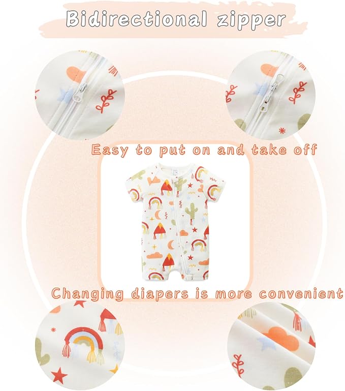 Unisex Summer Trendy 2-Pack Rompers Short Sleeve Zipped Bodysuit Infant Cotton - Image 5