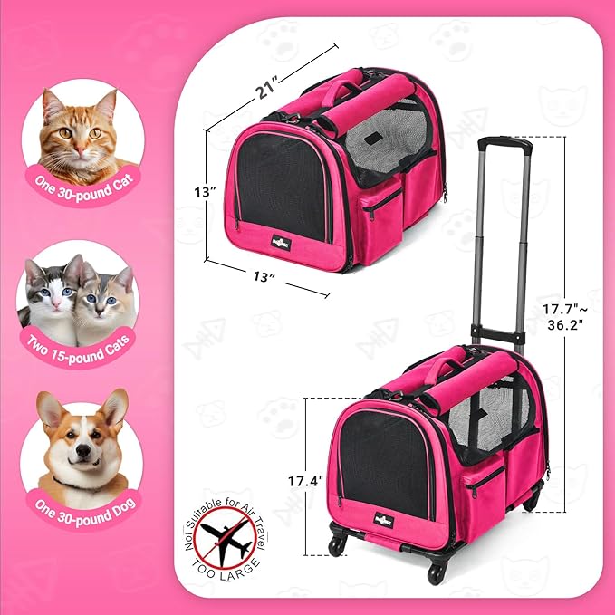 Large Pet Carrier with Wheels, Foldable Rolling Dog Carrier with Big Pocket - Image 2