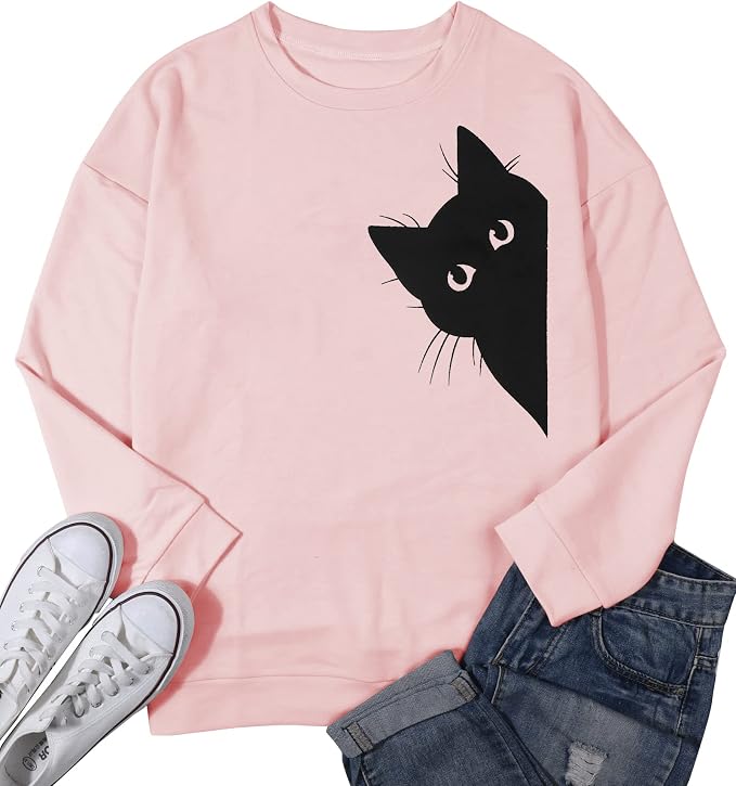FRYAID Cat Sweatshirt Women Funny Black Cat Graphic Sweater Casual Cat Crewneck - Image 5
