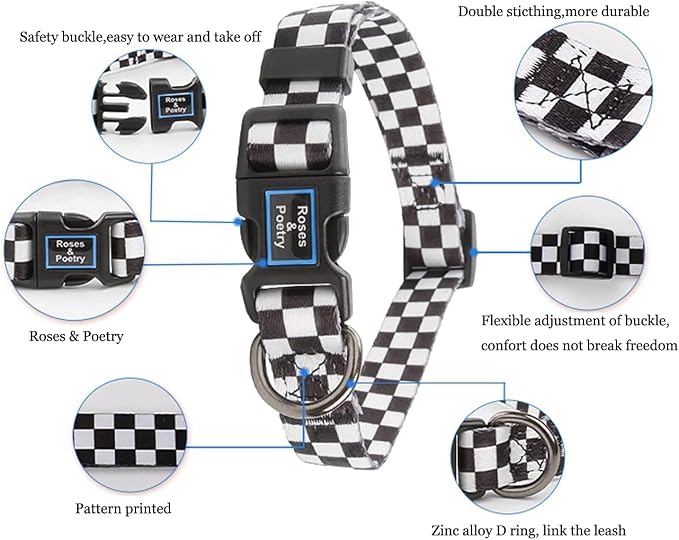 Roses&Poetry Dog Collar with Colourful Checkered Patterns, Adjustable Durable - Image 3