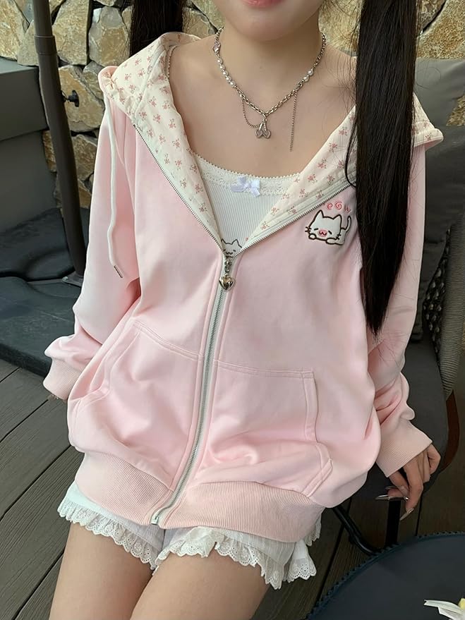 Womens Y2K Zip Up Cute Graphic Hoodies Cat Ears Casual Cartoon Harajuku Kawaii - Image 4