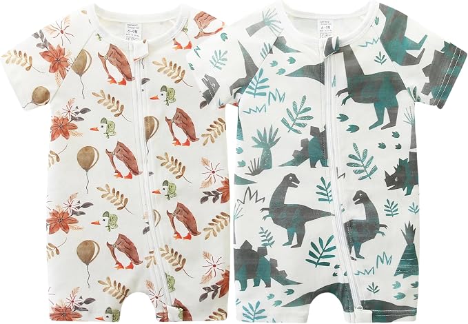 Unisex Summer Trendy 2-Pack Rompers Short Sleeve Zipped Bodysuit Infant Cotton by JingleBaBa