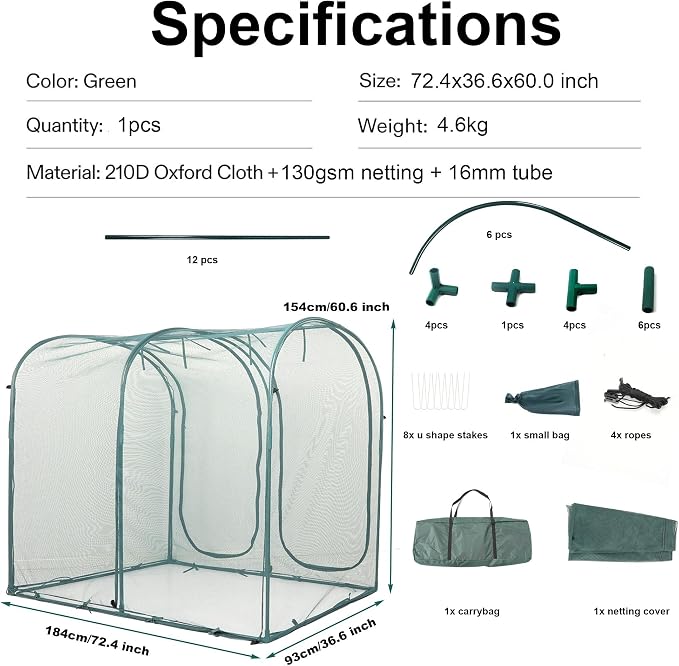 Poray Large Tunnel 73''x37''x61''Plant Netting Cover, 5FT Tall Crop Cage Tomato - Image 3