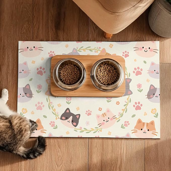 Cat Feedings Mats 20x12 inch Beige Cat Print Pet Bowl Placemat Non Slip Mat - Image 5