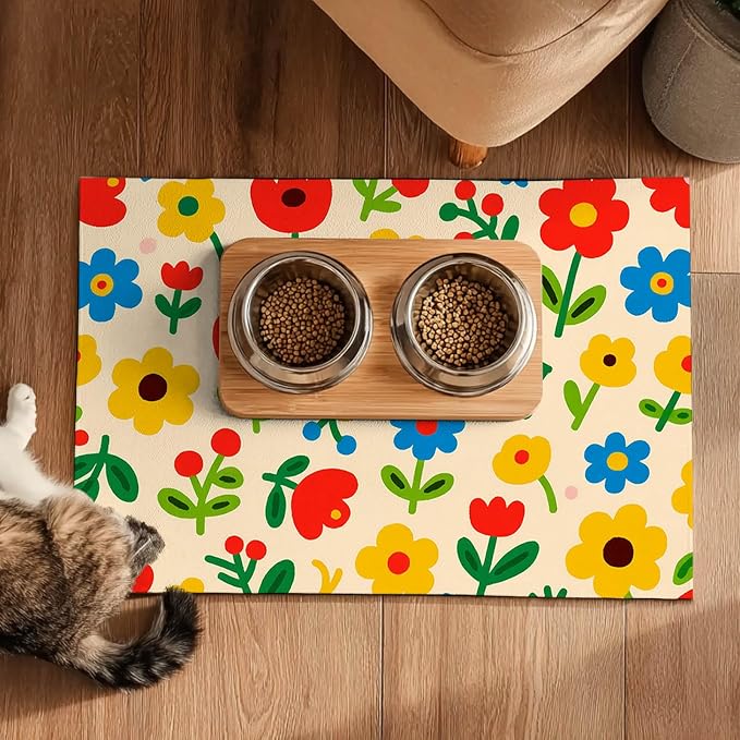 Pet Feeding Mat 24x16 inch Colorful Flower Print Pet Bowl Placemat Non Slip - Image 5