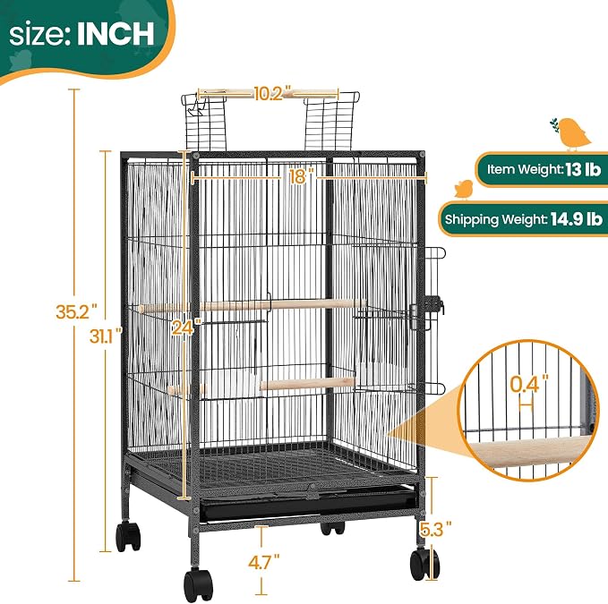 Yaheetech 35 inch Wrought Iron Bird Cage w/Play Open Top and Rolling Stand - Image 3