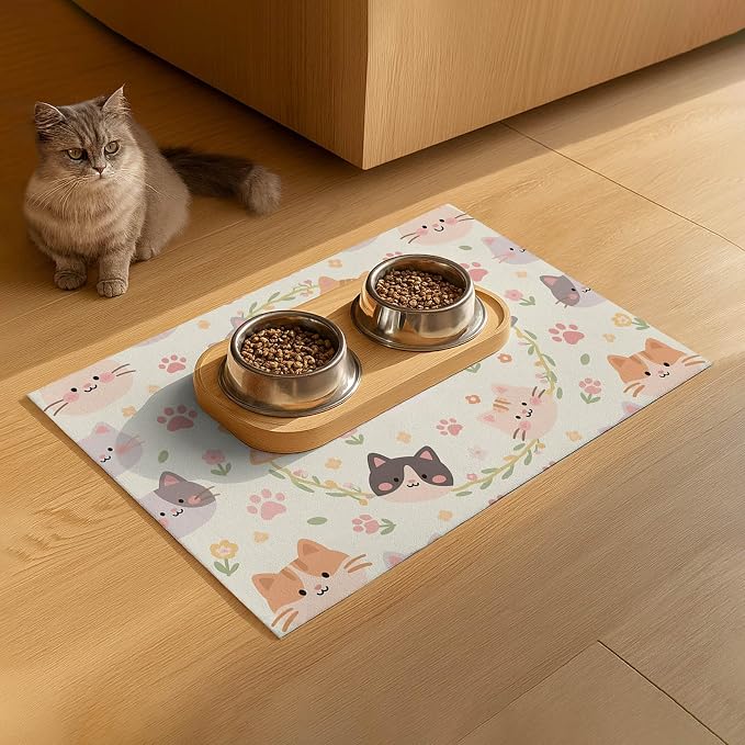 Cat Feedings Mats 20x12 inch Beige Cat Print Pet Bowl Placemat Non Slip Mat - Image 9