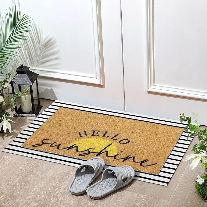 Tinideya 2 Pcs Summer Sunshine Door Mat Yellow Welcome Non Slip Coir Mats - Image 5