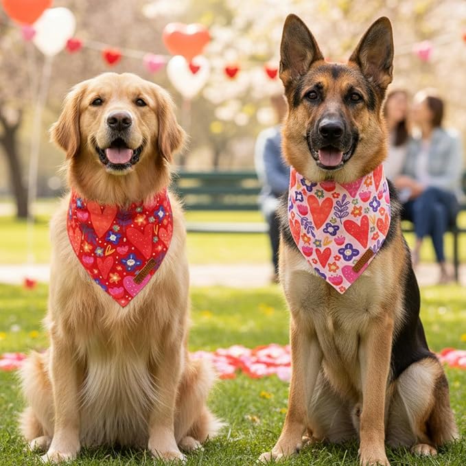 ADOGGYGO Valentines Dog Bandana 2 Pack, Heart and Floral Print Pet Scarf Bib - Image 3