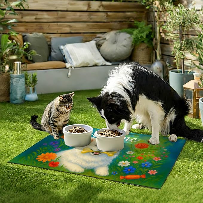 Welcome Spring Pet Feeding Mat 24" x 16"White Dog Floral Design Non Slip Cat - Image 9