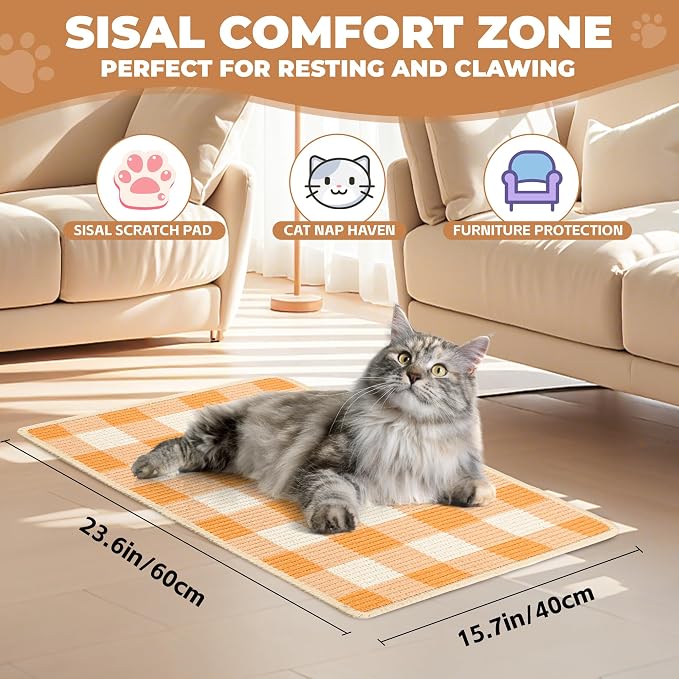 Cat Scratcher Mat, 23.6x15.7 Inch Natural Sisal Cat Scratch Pad, Horizontal Cat - Image 2