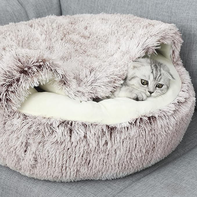 ShinHye Cat Bed Round Plush Fluffy Hooded Cat Bed Cave, Cozy - Image 3