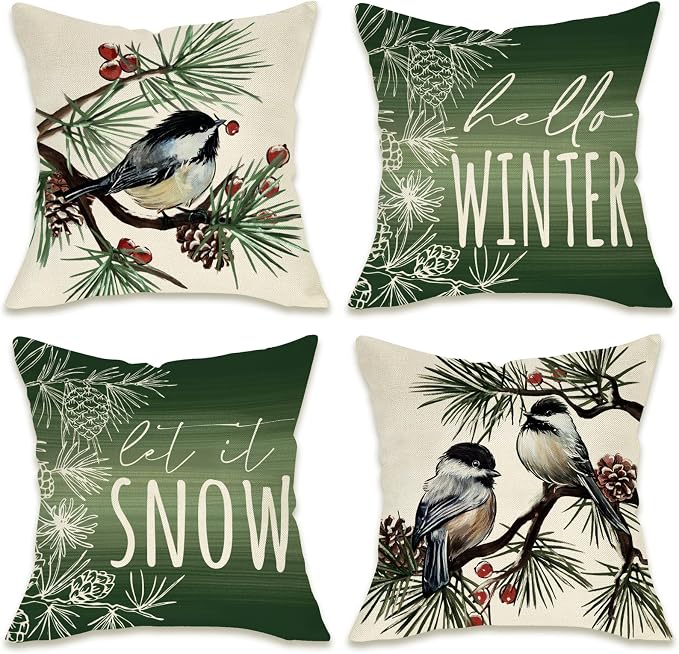 Fahrendom Hello Winter Green Decorative Throw Pillow Covers 18 x 18 Set of 4 by Fahrendom