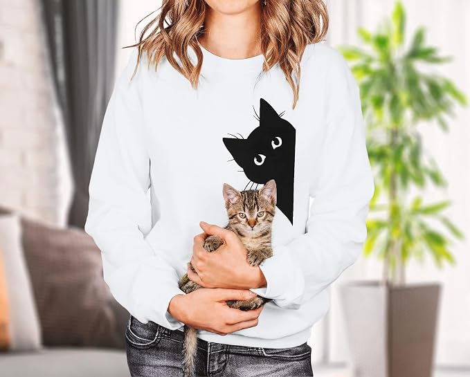 FRYAID Cat Sweatshirt Women Funny Black Cat Graphic Sweater Casual Cat Crewneck - Image 2