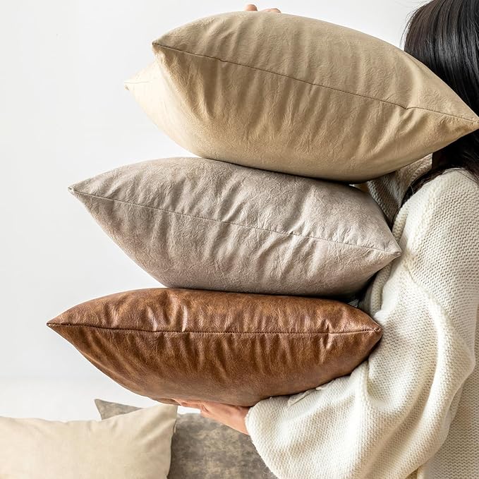 Pack of 2 Faux Leather Pillow Covers, Soft Rustic Farmhouse Neutral Vintage - Image 3