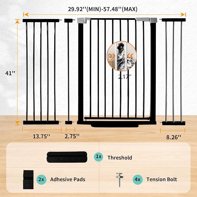 41" Tall Safety Pet Gate, Adjustable 29.92"-57.48" Wide, No Drilling Pressure - Image 2